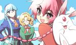  bad_id bad_pixiv_id blazer blonde_hair blue_hair blue_hairband braid buriki_neko closed_eyes creature glasses green_shirt hairband hououji_fuu jacket long_hair magic_knight_rayearth mokona multiple_girls necktie pink_eyes pink_hair red_hairband round_eyewear ryuuzaki_umi school_uniform shidou_hikaru shirt single_braid smile v_arms 