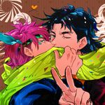  aqua_eyes bad_id bad_pixiv_id black_hair brown_background caesar_anthonio_zeppeli covered_mouth facial_mark feathers hair_feathers headband heart jojo_no_kimyou_na_bouken joseph_joestar_(young) kiss looking_at_viewer male_focus mullet multiple_boys one_eye_closed oreha00701 pink_hair polka_dot polka_dot_background scarf shared_scarf simple_background v yaoi 