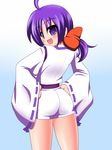  1girl ahoge ass blush bow fang from_behind hair_bow ichijou_akari japanese_clothes last_blade looking_at_viewer miko open_mouth ponytail purple_eyes purple_hair short_hair shorts smile snk yaeba 