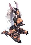  absurdres animal_ears black_nails breasts bunny_ears cleavage dark_skin ears_through_headwear final_fantasy final_fantasy_xii fingernails fran helmet highres holding_arm homare_(fool's_art) kneeling large_breasts long_fingernails long_hair nail_polish revealing_clothes scan simple_background sitting solo viera wariza white_background white_hair 