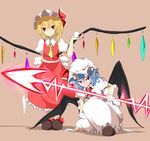  absurdres ascot bat_wings blonde_hair blue_hair dress eyeball flandre_scarlet hat hat_ribbon highres looking_at_viewer mob_cap multiple_girls pointy_ears puffy_sleeves red_dress red_eyes remilia_scarlet ribbon sash shirt short_sleeves siblings side_ponytail sisters smile spear_the_gungnir squatting standing standing_on_one_leg touhou white_dress wings yamato_(muchuu_paradigm) 