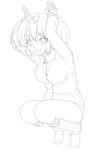  1girl absurdres arms_up breasts buruma eri_(resia) greyscale hibari_(senran_kagura) highres jacket lineart medium_breasts monochrome open_mouth senran_kagura senran_kagura_shoujo-tachi_no_shin'ei short_hair smile solo squatting symbol-shaped_pupils tiptoes track_jacket 