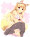  animal_ears blonde_hair blue_eyes blush bow bow_bra bra feet fox_ears fox_tail highres long_hair mizuyoukan_(mikususannda) no_shoes original outstretched_hand panties side-tie_panties solo tail thighhighs underwear underwear_only 