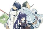  2boys akatsuki_(log_horizon) armor blue_hair cape glasses green_hair hara_kazuhiro log_horizon long_hair multiple_boys naotsugu_(log_horizon) ponytail purple_hair shiroe short_hair sitting staff 