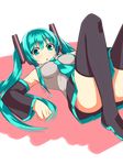  boots detached_sleeves green_eyes green_hair hatsune_miku long_hair lying necktie on_back ponkotsu_(ayarosu) skirt solo thigh_boots thighhighs transparent_background twintails vocaloid 