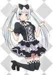  alternate_costume blue_eyes bow checkered checkered_background choker frilled_skirt frills gothic_lolita hair_bow hair_ornament hashi jumping layered_skirt lolita_fashion miss_monochrome miss_monochrome_(character) ribbon_choker shoes short_sleeves skirt solo thighhighs white_hair 