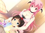  1boy 1girl artist_request blue_eyes bow breast_rest breasts character_request cleavage lap_pillow minna_sasagechau! palette_(company) phyllis_fitzgerald pink_eyes pink_hair sawaki_kenta source_request tamahiyo 