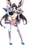  absurdres armor black_hair blue_eyes boots breasts cleavage cleavage_cutout full_body hand_on_hip high_heels highres junketsu kill_la_kill kiryuuin_satsuki large_breasts long_hair makai navel revealing_clothes simple_background spikes thigh_boots thighhighs white_background 