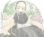  black_dress blonde_hair book dress expressionless flower gosick gothic_lolita green_eyes hairband leaf lolita_fashion long_hair open_book pipe rose solo victorica_de_blois yuu_(drawr) 