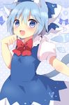  animal_ears bad_id bad_pixiv_id blue_dress blue_eyes blue_hair bow cat_ears cat_tail cirno dress fang hair_bow heart heart-shaped_pupils ice ice_wings kemonomimi_mode looking_at_viewer open_mouth puffy_sleeves shirt short_sleeves smile solo symbol-shaped_pupils tail touhou uguisu_mochi_(ykss35) wings 