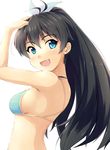  :d antenna_hair bad_id bad_pixiv_id bikini_top black_hair blue_eyes breasts fang ganaha_hibiki hair_ribbon idolmaster idolmaster_(classic) medium_breasts open_mouth ponytail ribbon shadow_striker simple_background smile solo white_background 