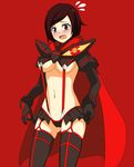  bad_deviantart_id bad_id blush breasts cape color_connection cosplay crossover embarrassed gloves highres kill_la_kill matoi_ryuuko matoi_ryuuko_(cosplay) medium_breasts midriff navel open_mouth parody red red_hair revealing_clothes rouzille ruby_rose rwby senketsu short_hair silver_eyes skirt skirt_hold solo suspenders thighhighs underboob wavy_mouth 