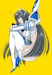  ass back-seamed_legwear bad_id bad_pixiv_id black_hair breasts high_heels junketsu kill_la_kill kiryuuin_satsuki large_breasts long_hair revealing_clothes saida_nika seamed_legwear simple_background solo yellow_background 