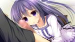  1boy 1girl artist_request censored character_request cum facial game_cg indoors kanou_yume_(character) natsu_no_osananajimi_to,_fuyu_no_kanojo penis purple_eyes purple_hair source_request tomosuke 