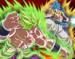  2boys angry artist_request aura battle blank_eyes blue_eyes blue_hair boots broly_(dragon_ball_super) clenched_hand dirty_clothes dirty_face dougi dragon_ball dragon_ball_super dragon_ball_super_broly energy epic fighting fighting_stance gogeta green_hair height_difference incoming_punch jumping multiple_boys muscle punching serious shirtless short_hair spiked_hair super_saiyan super_saiyan_blue wristband 