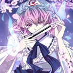  bad_id bad_pixiv_id blurry bug butterfly cherry_blossoms closed_fan depth_of_field fan folding_fan frilled_kimono frills ghost insect japanese_clothes kimono pink_eyes pink_hair ryuki@maguro-ex saigyouji_yuyuko short_hair solo touhou 
