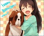  :d ^_^ animal animal_hug black_hair bracelet closed_eyes dog earrings fang ganaha_hibiki happy_birthday hiryo_(motiuimaiyo) hug idolmaster idolmaster_(classic) inumi jewelry long_hair open_mouth ponytail smile st_bernard 