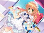  1girl artist_request breasts cake character_request chiisana_kanojo_no_serenade feng food game_cg green_eyes indoors long_hair moriya_mizuka orange_hair pasta sky smile solo source_request thighhighs tsurusaki_takahiro waitress zettai_ryouiki 