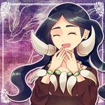  black_hair bracelet closed_eyes dracaena_(pokemon) dress earrings elite_four horn_ornament jewelry laughing long_hair necklace pohe pokemon pokemon_(game) pokemon_xy solo wrinkles 