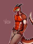  always_the_victor brown_scales clothing green_scales horn looking_at_viewer male orange_scales pants pink_background plain_background purple_eyes rokemi scalie sketch solo topless white_scales 