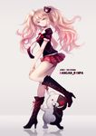  blue_eyes boots cross-laced_footwear danganronpa danganronpa_1 enoshima_junko grin hair_ornament lace-up_boots legs long_hair monokuma necktie pink_hair smile solo spoilers thighs twintails vienri 