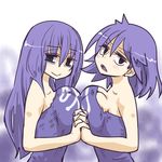  bags_under_eyes bare_shoulders blush breast_press breasts cleavage dress fangs gen_1_pokemon green_eyes holding_hands interlocked_fingers large_breasts long_hair multiple_girls personification pokemon purple_hair seki_(red_shine) short_hair strapless strapless_dress symmetrical_docking weezing 