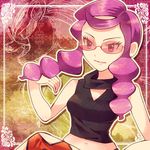  breasts crossed_legs elite_four hair_flip long_hair midriff pachira_(pokemon) pink_hair pohe pokemon pokemon_(game) pokemon_xy red-tinted_eyewear red_eyes sidelocks sitting sleeveless sleeveless_turtleneck small_breasts smile solo sunglasses team_flare turtleneck 