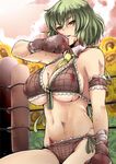  ascot between_breasts bikini blood boxing_gloves breasts commentary_request flower front-tie_top green_hair grin highres kazami_yuuka large_breasts plaid red_eyes short_hair side-tie_bikini smile solo sunflower swimsuit tobisawa touhou wrestling_ring 
