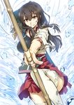  akagi_(kantai_collection) black_hair blood blush bow_(weapon) brown_eyes gloves injury japanese_clothes kantai_collection long_hair muneate partly_fingerless_gloves single_glove skirt solo thighhighs torn_clothes torn_legwear weapon white_legwear yanagi_(tsukiakari) yugake 