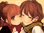  blush brown_eyes brown_hair cheek-to-cheek closed_eyes heart multiple_girls nou_(brain-m) one_eye_closed open_mouth original ponytail scarf smile yellow_background yuri 