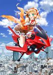  blonde_hair city cityscape cloud day dress green_eyes hairband happy highres hover_bike original real_world_location short_hair sky solo thighhighs tokyo_(city) tougami 
