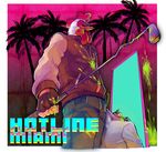  blood blood_stain bloody_clothes death denim fingerless_gloves gloves golf_club hotline_miami jacket jacket_(hotline_miami) jeans koguchi_(kgc030) male_focus mask multiple_boys palm_tree pants richard_(hotline_miami) tree 