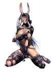  absurdres animal_ears breasts bunny_ears chain cleavage covering covering_breasts covering_crotch dark_skin ears_through_headwear final_fantasy final_fantasy_xii fingernails fran helmet highres holding_arm homare_(fool's_art) kneeling large_breasts long_fingernails long_hair no_panties revealing_clothes scan simple_background solo topless viera white_background white_hair 