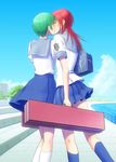  bag blue_skirt bonnie_(rsg) building case city cloud day emblem from_behind fuyuumi_shoko green_hair hair_ornament hairclip handbag hino_kahoko holding kiss la_corda_d'oro multiple_girls ocean outdoors plant pleated_skirt railing red_hair road school_bag school_uniform shirt shore short_hair skirt sky street tree water white_shirt yuri 