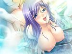  1boy 1girl against_wall bent_over blue_eyes blue_hair blush breasts doggystyle from_behind game_cg hanging_breasts hetero huge_breasts koihime_musou kouchuu long_hair nipples nude open_mouth purple_hair sex steam sweat topless torso_grab uncensored vaginal water yatsuha_kanan 