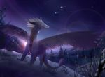  2017 blue_eyes comet detailed_background deviant-soulmates digital_media_(artwork) dragon female illustration lens_flare night scales snow solo star tree white_scales wings yellow_scales 