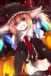  blonde_hair blood fangs flandre_scarlet gloves halloween hat nonomichi red_eyes short_hair side_ponytail solo thighhighs touhou wings witch_hat 