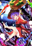  ankle_ribbon arm_up ayakashi_(monkeypanch) bare_legs barefoot blush bowl full_moon hammer hat highres holding_needle japanese_clothes kimono long_sleeves looking_at_viewer miracle_mallet moon needle night obi open_mouth purple_eyes purple_hair ribbon sash sky smile solo sukuna_shinmyoumaru touhou wide_sleeves 