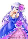  blue_dress blue_gloves blush breasts cleavage copyright_name diva_(shinkai_no_valkyrie) dress elbow_gloves flower gloves hands_clasped hands_together large_breasts layered_skirt long_hair long_skirt looking_at_viewer official_art open_mouth own_hands_together pink_flower pink_rose pink_skirt purple_eyes purple_hair rose shinkai_no_valkyrie simple_background skirt solo white_background yoshino35 