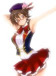  armpits arms_up blush breasts brown_eyes brown_hair eunos glasses grin hat hat_ornament idol k-on! large_breasts manabe_nodoka red-framed_eyewear semi-rimless_eyewear short_hair sketch skirt smile solo under-rim_eyewear 