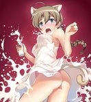  animal_ears ass bad_id bad_twitter_id blue_eyes blush bottle bottomless braid breasts brown_hair fine_art_parody hi-ho- jpeg_artifacts long_hair lynette_bishop medium_breasts milk open_mouth parody shiny shiny_skin single_braid solo strike_witches tail tears twisted_torso world_witches_series 