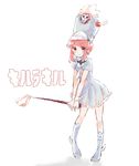  amecn bad_id bad_pixiv_id baton boots dress full_body hat highres jakuzure_nonon kill_la_kill pink_hair shako_cap shoes sidelocks simple_background smile solo uniform white_background winged_hat winged_shoes wings 