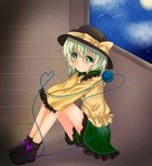  against_wall ankle_boots aqua_hair bad_id bad_pixiv_id bare_legs blouse boots cloud frown full_moon green_eyes hands_on_own_knees hat hat_ribbon heart highres knees_up komeiji_koishi koyashaka looking_at_viewer moon night ribbon shooting_star short_hair sitting skirt sky sleeves_past_wrists solo star_(sky) starry_sky third_eye tile_floor tiles touhou window 