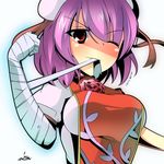  absurdres artist_name bandages highres ibaraki_kasen miton_(turuyasann) mouth_hold one_eye_closed solo touhou 