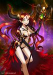  bad_id bad_pixiv_id demon demon_horns demon_tail fantasy feathers gem horns long_hair original pointy_ears red_hair skull solo staff tail watermark web_address weed_(astarone) yellow_eyes 