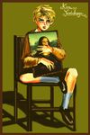  blonde_hair blue_eyes chair child fine_art_parody jojo_no_kimyou_na_bouken kira_yoshikage lovekey male_focus mona_lisa painting_(object) parody sitting solo younger 