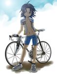  1boy ashita_(liquid_berry_revolution) bicycle bike_shorts black_hair blue_eyes blue_sky character_request child fingerless_gloves gloves male male_focus manami_sangaku navel open_clothes open_shirt portrait shirt shoes short_hair shota simple_background sky smile solo spandex standing yowamushi_pedal 