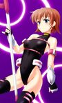  arm_strap bare_shoulders blue_eyes blush brown_hair cameltoe covered_navel fingerless_gloves gauntlets gloves glowing hakkai highres leotard lips luciferion lyrical_nanoha mahou_shoujo_lyrical_nanoha mahou_shoujo_lyrical_nanoha_a's mahou_shoujo_lyrical_nanoha_a's_portable:_the_battle_of_aces material-s short_hair solo staff thighhighs 