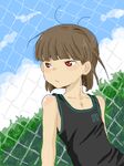  1boy ashita_(liquid_berry_revolution) blue_sky blush brown_hair character_request child cloud fence furuya_ryuuji ginga_e_kickoff!! male male_focus outdoors portrait shirt short_hair sky sleeveless sleeveless_shirt solo sweat 