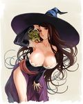  bad_id bad_pixiv_id bare_shoulders bent_over breasts brown_eyes brown_hair cleavage detached_sleeves downblouse dragon's_crown dress hat huge_breasts indesign long_hair revision sash side_slit simple_background skull solo sorceress_(dragon's_crown) strapless strapless_dress witch_hat 